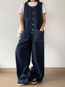 DAZY 女式前扣无袖口袋休闲牛仔背带裤，返校服工装裤