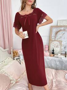 Côtesoire Women's Ruffle Lace Loose Nightgown, Simple & Fashionable For Everyday Casual Wear - Burgundy - View 7