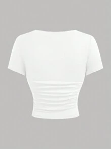 SHEIN Leap Crew 少女春夏情人节~清新少女风黑/白/红针织收腰方领短袖T恤上衣/优雅基础款/多件搭配情人节/休闲日常运动上衣/方领/收腰 - 彩色 - 查看 8