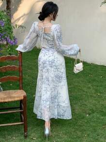 DAZY 两件套女士全印花方领灯笼袖短款衬衫和鱼尾裙套装，荷叶边，秋季女装复活节 - 藍色 - 查看 2