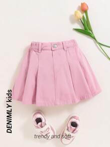 SHEIN Young Girl Comfortable Soft Washed Casual Fashion Pleated Denim Skirt, Summer