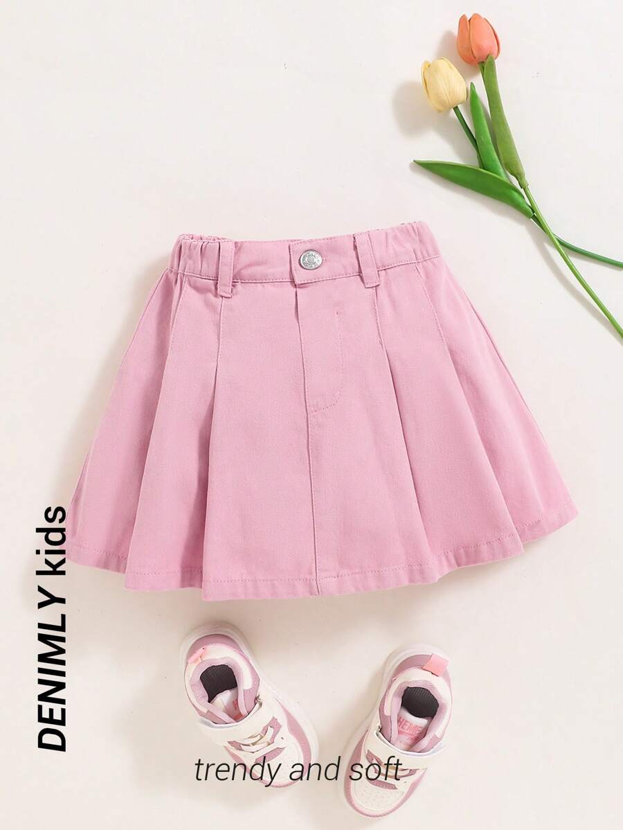 SHEIN Young Girl Comfortable Soft Washed Casual Fashion Pleated Denim Skirt, Summer