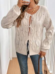 SHEIN Frenchy 1pc Women's Tie Front Cardigan, Solid Color Minimal Casual Everyday,Cable Collar, Casual Loose Cardigan With Center Front Tie, Can Be Worn Underneath,Solid Color Winter - Apricot - View 3