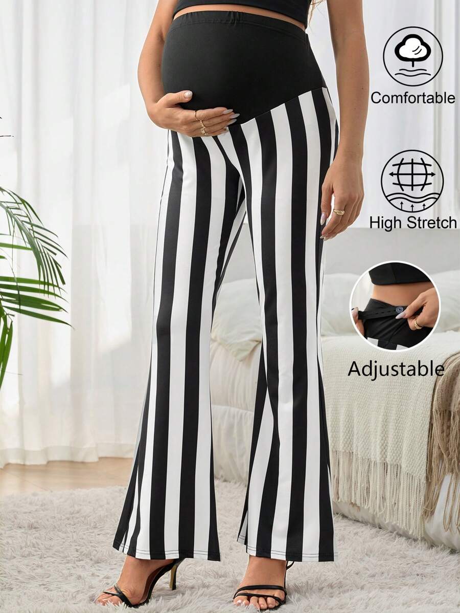 SHEIN Maternity Contrast Color Striped High Waist Sexy Flare Pants - Black and White - View 1