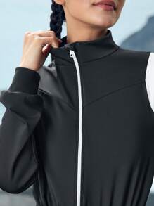 In My Nature Women's Solid Color Patchwork Front Zipper Long Sleeve Casual Jumpsuit - Black and White - View 2