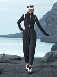 In My Nature Women's Solid Color Patchwork Front Zipper Long Sleeve Casual Jumpsuit - Black and White - View 6