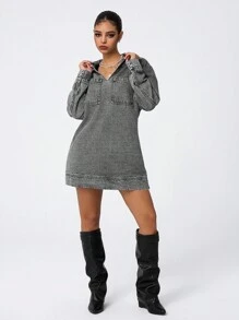 SHEIN ICON 女士休闲做旧洗水牛仔连衣裙 - 深灰色 - 查看 4