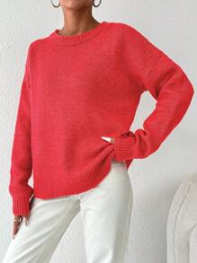 EURMUSE Solid Drop Shoulder Sweater - Red - View 5