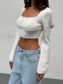 Aloruh Square Neck Long Sleeve Embroidered Beige Crop Flare Sleeve Women Sweater