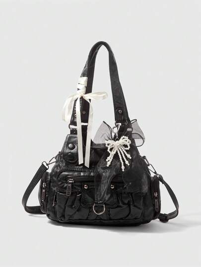 Grunge Punk New Bow Punk Rivets Tote Bag Women Shoulder Bag