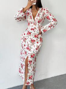 SHEIN Unity 纽扣装饰前拉链长袖深 V 领花卉印花连衣裙 - 白色 - 查看 7