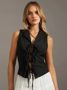 SHEIN Essnce Camicetta casual da donna con laccio frontale, senza maniche, in colore nero tinta unita, senza maniche, casual, adatta a vacanze, feste di Capodanno, Natale e stile Y2K - nero - Visualizzare 6