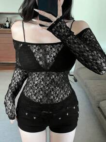 DAZY 女士蕾丝露肩长袖裹身上衣节日 - 黑色 - 查看 1