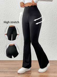 SHEIN Essnce Pantalones de mujer informales pantalón con pierna de campana, unicolor de cintura ancha, pantalones negros, jeans acampanados