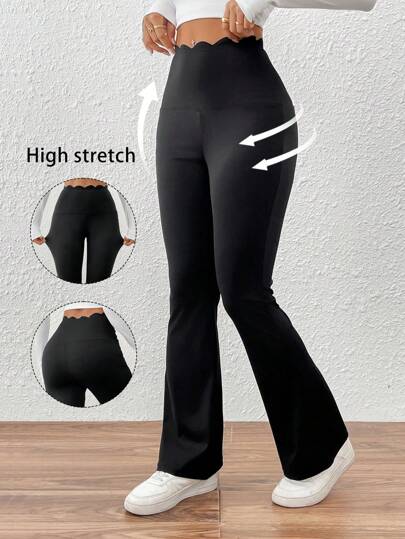 SHEIN Essnce 女士休闲纯色宽腰喇叭紧身裤、黑色裤子、喇叭牛仔裤