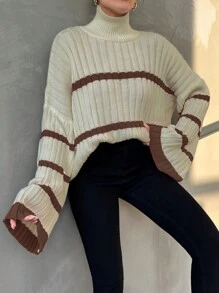EURMUSE Women's Turtleneck Ribbed Ribbed Print Casual Long Sleeve Sweater - Dusty Pink - View 3