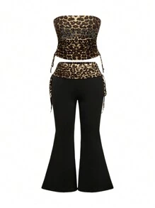ROMWE Spring/Summer 2pcs/Set Plus Size Women Rhinestone Letter & Leopard Print Strapless Tube Drawstring Top And Pants Sexy Outfit, For Summer - Black - View 1