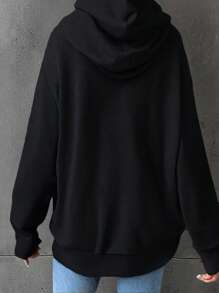 SHEIN EZwear Heart Graphic Hooded Sweatshirt With Drawstring, Casual & Fashionable For Daily Wear Pullover Fall Sweatshirt - Black - View 2