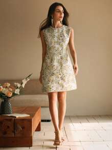 Anewsta 秋季优雅高端提花串珠无袖女式连衣裙 - 彩色 - 查看 6