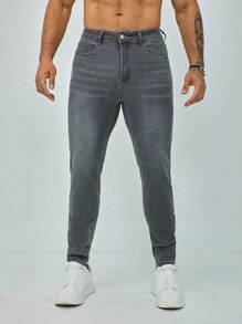Manfinity Homme Men's Front Button Pocket Slim Fit Casual Denim Pants