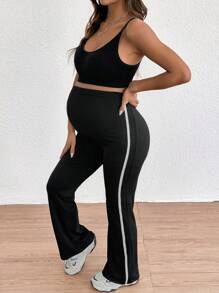 SHEIN Maternity Knitted High Waist Adjustable Wide Leg Leggings - Black - View 3