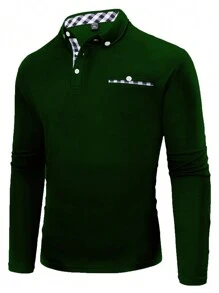 Manfinity Mode 大码男士休闲格子拼布 Polo 衫，秋季 - 墨綠色 - 查看 3