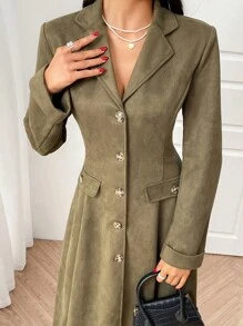 Seusyu Áo khoác Blazer dài cổ ve đơn màu trơn cho nữ, thanh lịch cho mùa thu - xanh quân đội - Xem 6