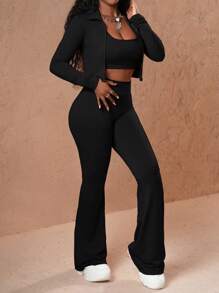 Slaydiva Bộ đồ thường ngày cho nữ áo dài tay màu trơn và quần dài - màu đen - Xem 5