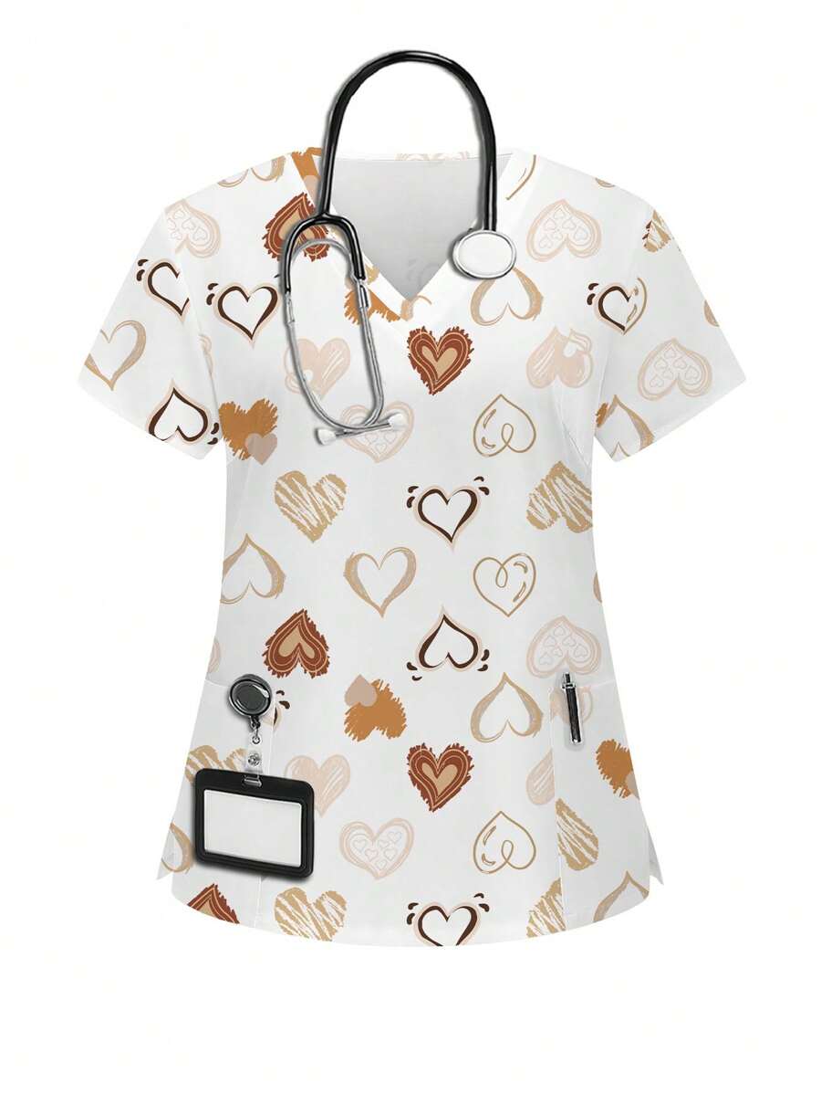 Cute Cartoon Valentine's Day Heart Pattern Plus Size Scrubs Top Set Scrub Set Nurse Dresses Scrub Tops Scrub Bottoms Lab Coats Scrub Outwear - Multicolor - View 1