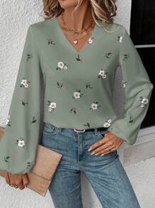 EMERY ROSE Women's V-Neck Floral Print Long Sleeve Casual Shirt, Suitable For Autumn And Winter Chic Blouses For Women