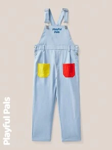 SHEIN 1pc Denim Effect Boys Jumpsuits, Colorful Slogan Letter Patchwork Pocket Overalls, Casual Outfit Suitable For School And Outdoor Play - Blue - View 1