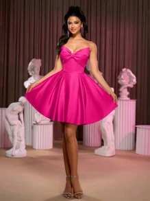 Lovelzi 优雅华丽的蝴蝶结荷叶边露背连衣裙，适合返校节、婚礼、社交活动、派对、节日、舞会、婚礼宾客礼服 - 玫紅色 - 查看 4