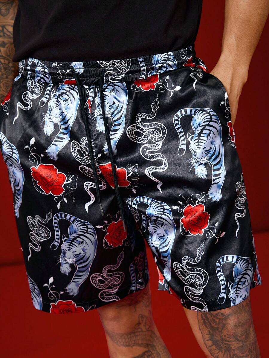 Manfinity VCAY 男女通用街头风格虎纹图案编织高密度仿丝抽绳松紧腰宽松直腿短裤 - 黑色 - 查看 1