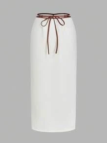 Maija Nuova gonna dritta midi in tweed bianca con lacci e corde in contrasto di colori, adatta per il capodanno, San Valentino e altri festival - Albicocca - Visualizzare 6