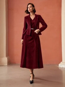 MOTF PREMIUM V-NECK FLARE HEM LONG DRESS WITHOUT BELT - Red - View 5