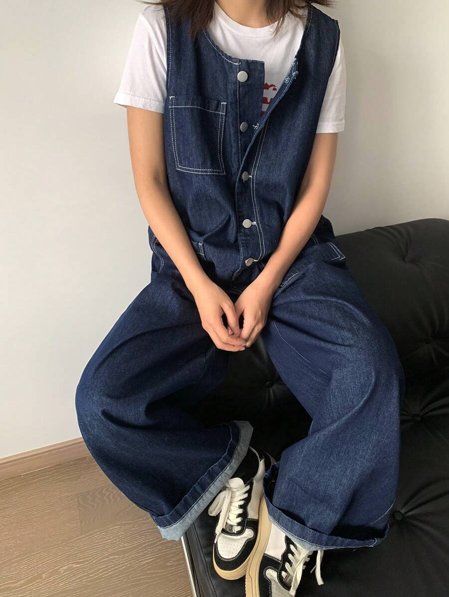 DAZY 女式前扣无袖口袋休闲牛仔背带裤，返校服工装裤