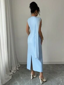 Elenzga Women Blue Sleeveless Drape Design Fitted Dress - Blue - View 2