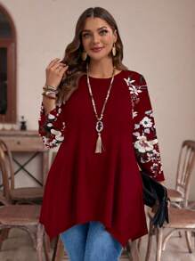 EMERY ROSE Casual Minimalist Allover Floral Print Plus Size T-Shirt
