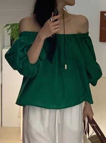 DAZY Women's Solid Color Off Shoulder Oversized Short Sleeve Green Blouse Top, Spring/Summer - Green - View 8