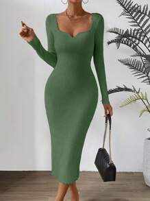 SHEIN Clasi Vestido de suéter de Body con manga larga, cuello de corazón y unicolor para mujer