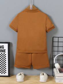 SHEIN 2pcs/Set Young Boys Navy Knit Ribbed Collar Polo Shirt & Navy Knit Casual Sports Shorts Set, Suitable For Summer - Brown - View 2