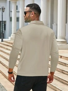 Manfinity Homme Plus Size Men's Casual Solid Color Long Sleeve Polo Shirt, Autumn - Beige - View 2