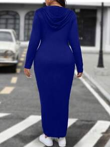 SHEIN LUNE Vestido Longo de Manga Longa, Elegante, Ajustado, com Capuz e Cor Sólida, Para Looks de Natal Maxivestido Feminino em Plus Size - Azul Royal - Visão 2