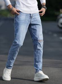 Manfinity Homme Men's Simple Ripped Pocket Denim Jeans, Casual Daily Wear - Blue - View 8