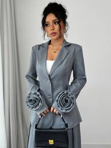 Modelyn Women's Elegant 3D Floral Spring/Summer Blazer - Grey - View 3