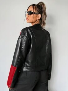 SHEIN Coolane 撞色拉鏈開襟PU皮革夾克 - 黑色 - 查看 4
