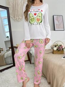 Women Avocado Pattern Print Long Sleeve Loungewear Set, Includes Blouse & Pants