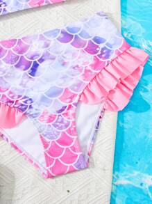 SHEIN 青少年女孩情人节假期海滩度假美人鱼鳞片印花泳衣套装