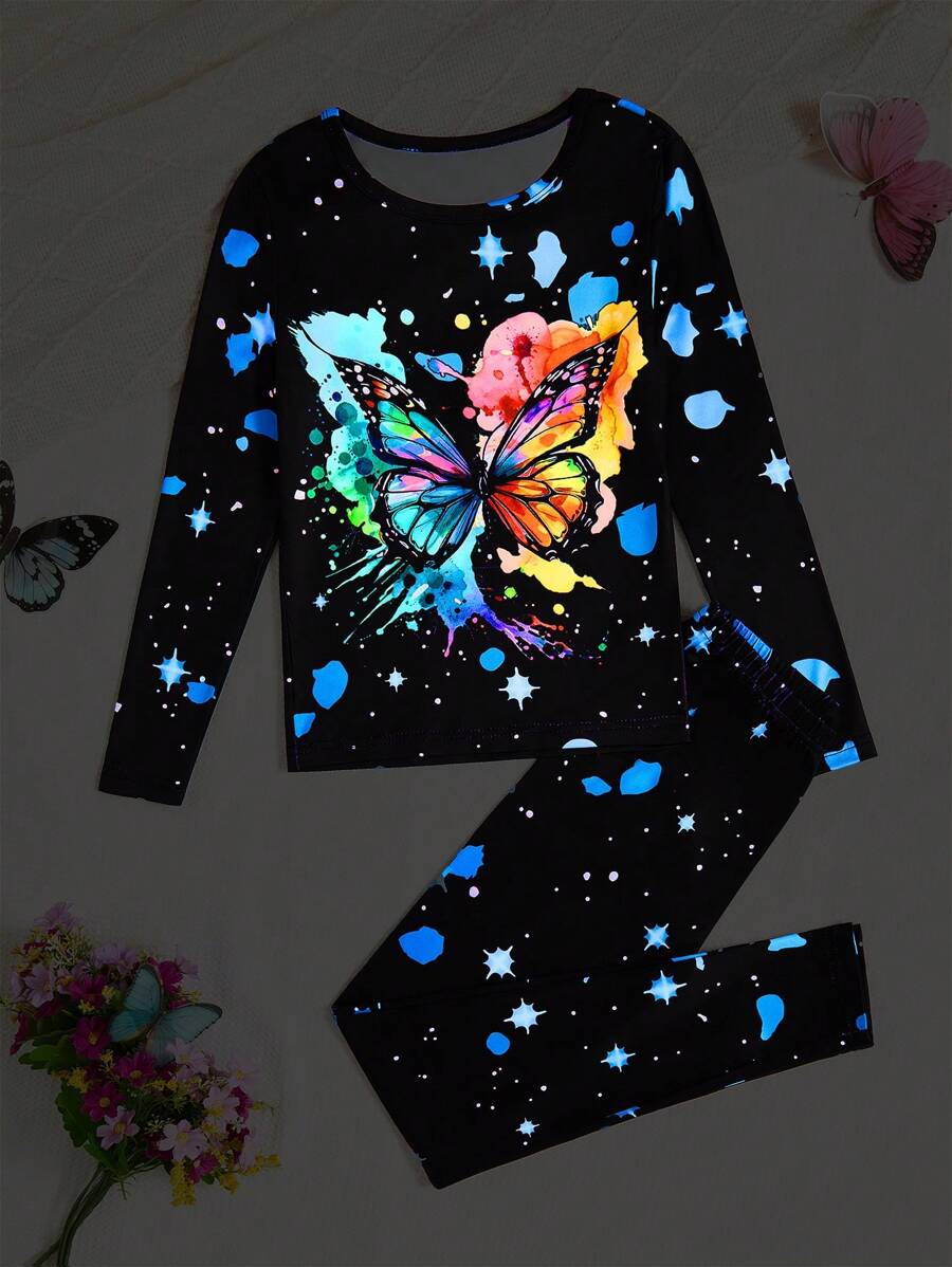 Tween Girl 睡衣贴身套装 - 蝴蝶印花和夜光印花长袖衬衫和长裤