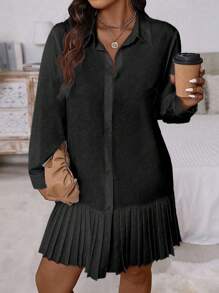 SHEIN Clasi Plus Size Front Buttoned Long Sleeve Pleated Minimalist Casual Short Dress